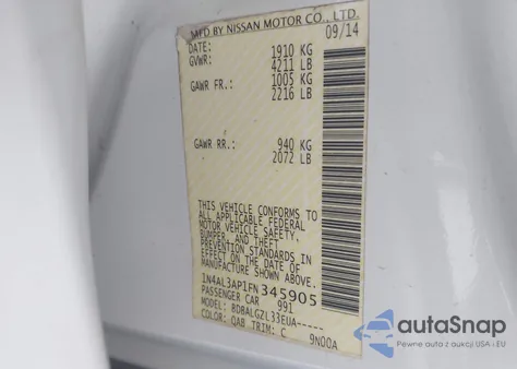 2015 Nissan Altima 2.5/2.5 S/2.5 Sl/2.5 Sv z USA, uszkodzony, nr VIN 1N4AL3AP1FN345905